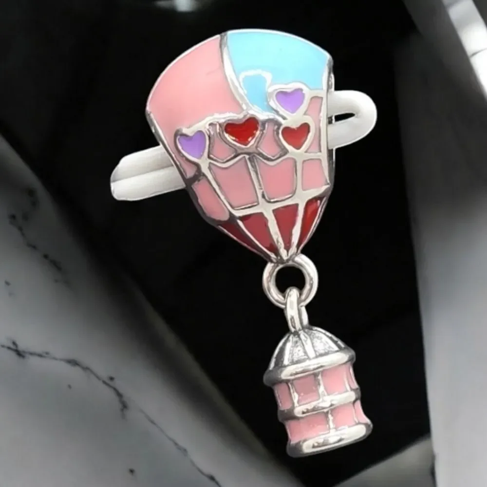 Hot Air Balloon Charm S925 Sterling Silver Pink Hearts Slide-On Bracelet Pendant